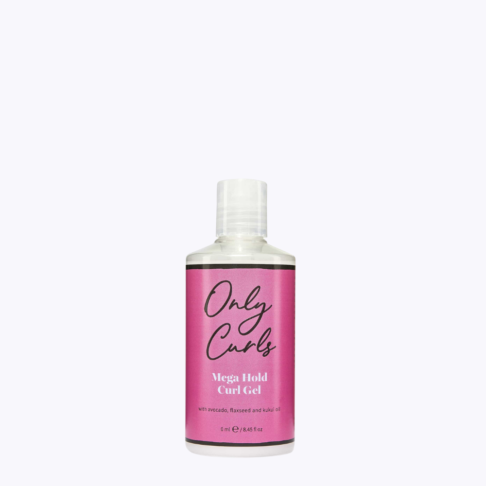 Only Curls Mega Hold Curl Gel fles van 100 ml met witte pompdispenser, gelabeld met avocado, lijnzaad en kukui-olie.